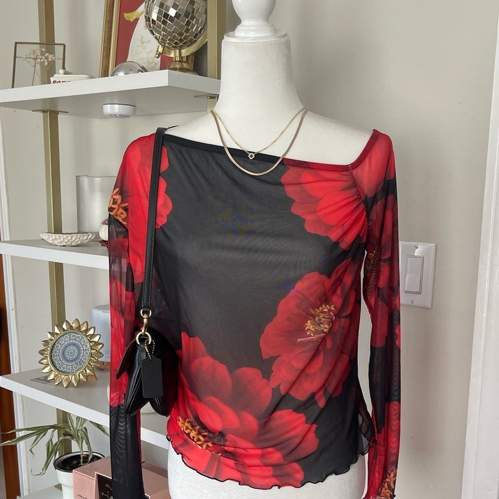 NWT Floral One-Shoulder Mesh Top - Black and Red Size 2X